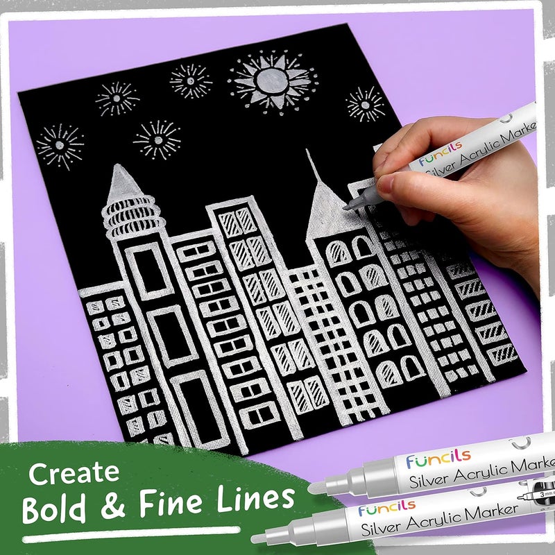 Funcils 5 Acrylic Silver Paint Pen - Silver Marker Metallic Paint Pens for Fabric, Wood, Canvas, Leaf, Metal, Glass, Plastic - Permanent Pen Fine Tip, Thin Point & Jumbo (1mm, 3mm, 6mm, 10mm, 15mm) - Image 5